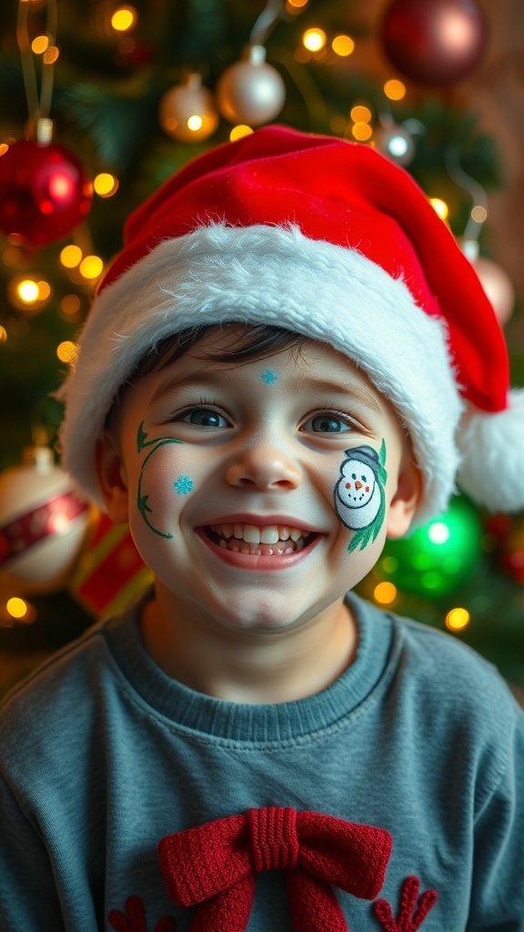 A child with Christmas-themed face paint smiling, wearing a Santa hat, surrounded by holiday decorations.